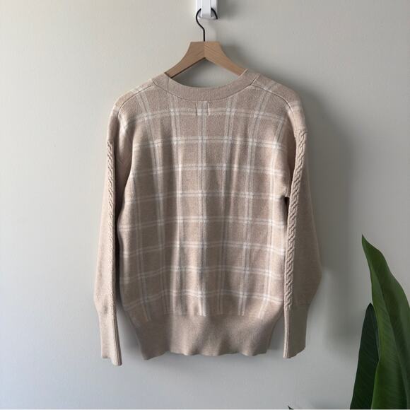 Joie Beige Plaid Cardigan long sleeve cable knit accent button down front - Picture 4 of 12